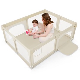 Costzon Large Baby Playpen, 75" x 59" Baby Activity Center w/Zippered Doors, Mesh Storage Bag, Indoor Outdoor Baby Play Yard Fence for 0-3 Years Old Infants & Toddlers (Beige)