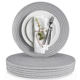 Pixieora Round Placemats Set of 6, Washable Cotton Rope Woven Place Mats, Trivets for Hot Dishes, 13 inch Round Non-Slip Table Mats Hot Pads for Kitchen Table and Farmhouse Decorr (Light Gray, 6)