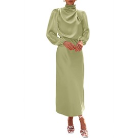 BTFBM Womens Mock Neck Satin Dress Summer Fall 2025 Long Sleeve Lightweight Formal Wedding Party Maxi Cocktail Dresses(Tender Green, X-Large)