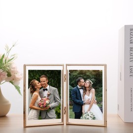 FineLiMoLa Gold 4x6''Double Floating Photo Frame,For Photo Size(2x3'', 3.5x 5''),Beaded Metal Frame 4x6'',Adjustable Desktop/shelf Photo Frame,Class Gift Choice for Weddings or Home,Office Decor
