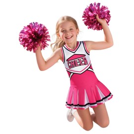 Costumerry Disfraz de animadora para niñas, traje de animadora con pompones, fiesta de disfraces de Halloween (rosa, 7-8 años)