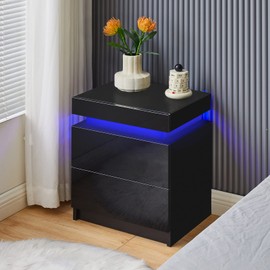 CLIPOP Modern Nightstand, LED Night Stand with 2 High Gloss Chest of Drawers, Bedside Table Cabinet with Remote Control Lights, Wood Matte Nightstand 20.6" Tall Bedroom Furniture, Black