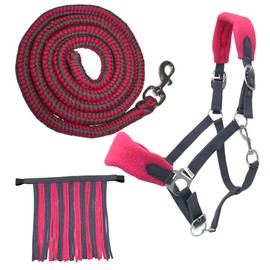 PFIFF Sunny 103103 Headcollar Set, 3-Piece Set Consisting of Headcollar, Knit and Fly Fringes, Individually Adjustable, Grey/Pink, Full