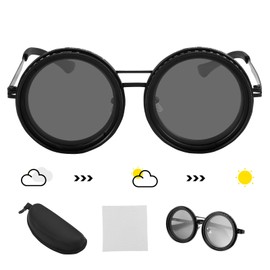 Sunglasses with Adjustable Tinting, 1-9 Gears Round Adjustable Sunglasses with ND Filter Lenses, Polarising Glasses, Rounded Lenses, Beach Sunglasses for Men, Stainless Steel Material, black