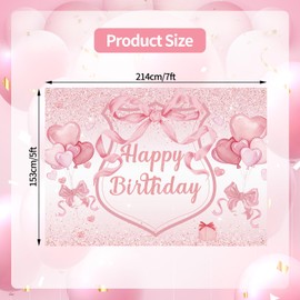 7 x 5 FT Happy Birthday Backdrop - Extra Large Pink Coquette Bow with Glitter Happy Birthday Design, Aesthetic Party Photo Background Booth Prop for Indoor Outdoor Decorations