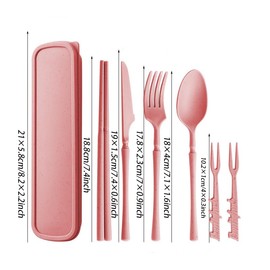 Wheat Straw Portable Cutlery Set Travel Utensils with Case, Reusable Camping Utensil Sets for Lunch Picnic Daily Use Outdoor (Pink)