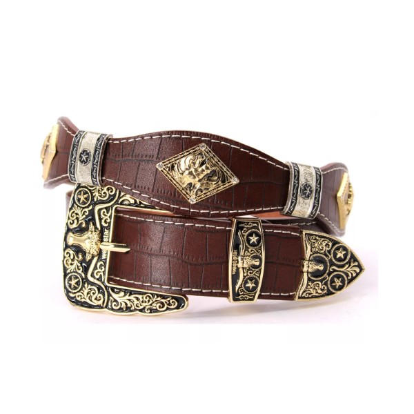 West Belt Coffee Silver Bullrider Gold Concho Crocodile Pattern Pants