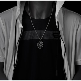 COOLSTEELANDBEYOND Men's Gothic Crown Skull Pendant Necklace in Oxidized Silver Stainless Steel, Oval Medallion Design