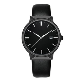 WWOOR Fashion Men PU Leather Strap Calendar Waterproof Quartz Watch Wristwatch (Black Dial)