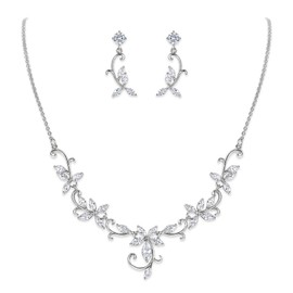 EleQueen Flower Leaf Wedding Jewelry Set for Bridal Bridemaid, Silver Cubic Zirconia Teardrop Elegant Vine Necklace Dangle Earrings for Wedding Prom Party