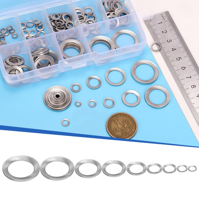 Glarks 160pcs M3/4/5/6/8/10/12/14/16 Double Side Lock Washer, 304 Stainless Steel