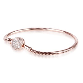 GNOCE "Endearing Gifts for Her Crystal Round Shape Clasp Bracelet 18K Rose Gold Plated Sterling Silver Bangle Fit All Charms Bead Simple Basic Dainty Bracelet Birthday Gifts (21.0 Centimeters)