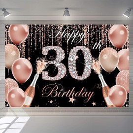 30th Birthday Decoration Happy 30th Birthday Backdrop for Woman Birthday Party Background Shining Glitter Rose Spots Black and Pink Party Banner Photo Studio Props