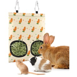 Bissap Rabbit Hay Feeder Bag, 2 Holes Hanging Hay Feeder Guinea Pig Hay Bag for Rabbits Bunny Chinchillas Hamsters Rats and Other Small Pets Small Animal - S (Beige)