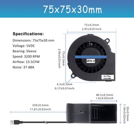 GDSTIME Small USB Speed Control Fan, 7530 75mm x 75mm x 30mm 5V USB DC Brushless Blower Cooling Fan,Centrifugal Blower