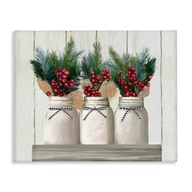 Stupell Industries White Country Jars with Christmas Berry Bouquets, Design by Ziwei Li Canvas Wall Art, 30x40