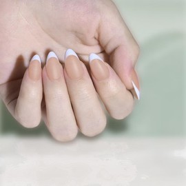 Vividvibe French Tip Press On Nails Almond - Press on Nails Short, Glue On Nails for Women Gift, Supremely Fit Natural Reusable Stick On Nails in 15 Sizes - 30 Fake Nails Kit, white French