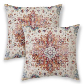 Boho Pillow Covers 16x16, Burnt Orange Yellow Ethnic Design Outdoor Decorative Throw Pillows for Couch, Fall Carpet Pattern Decor Cushion Cover 2 Pcs Farmhouse Linen Pillowcase for Bed Car Safa