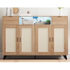 Rattan Sideboard Buffet Cabinet, 4 Doors 2 Drawers Accent Storage Cabinet, Console Table Coffee Bar With Power Outlet, Adjustable Shelves for Kitchen, Dining Room, Hallway, Living Room, Natural