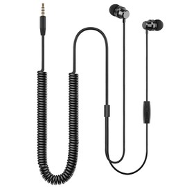TOCCOOL in-Ear Earphones, Spring Coil Extension Earphones, Long Wire Earbuds, 3.5mm Male Stereo Wired Earphones with Microphone, Compatible with TV, Computer, Smartphone, Laptop (Black / 11.8 Ft)