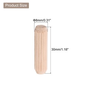 sourcing map 200 Pcs Wooden Dowel Pins, 8 x 30mm (0.31 x 1.18 Inch) Wood Dowels Rods, Fluted Dowel Joints for Grooved Woodworking Furniture Craft