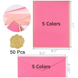 Juego de 50 artículos de papelería de colores, 5 colores #10 sobres de negocios, 50 hojas de papel de 8.5 x 11 pulgadas y calcomanías doradas para ofi
