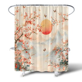 MZYZAF Asian Scenic Shower Curtain Pink Cherry Blossom Floral Butterfly Misty Mountain Japanese Oriental Traditional Spring Nature Landscape Fabric Bathroom Decor Curtain Sets with Hooks 70X70Inch