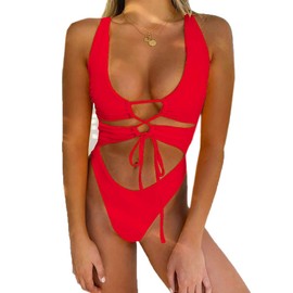 CHYRII Women's Sexy Cutout Lace Up Backless High Cut One Piece Swimsuit Monokini Red XL