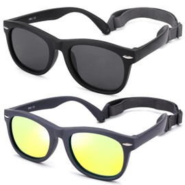 NULOOQ Polarized Baby Sunglasses with Strap - Unbreakable Flexible Infant Sunglasses for Toddlers Age 0-24 Months (Matte Black/Gray + Matte Gray/Gold) - 2 Pack