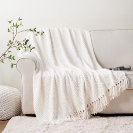 Battilo Cream Throw Blanket for Sofa Couch Chair Bed, Super Soft Decorative Knitted Blanket with Tassels, Warm Cozy Couch Cover Blanket, Cream White Sofa Throw, Bed Blanket, 127x152cm