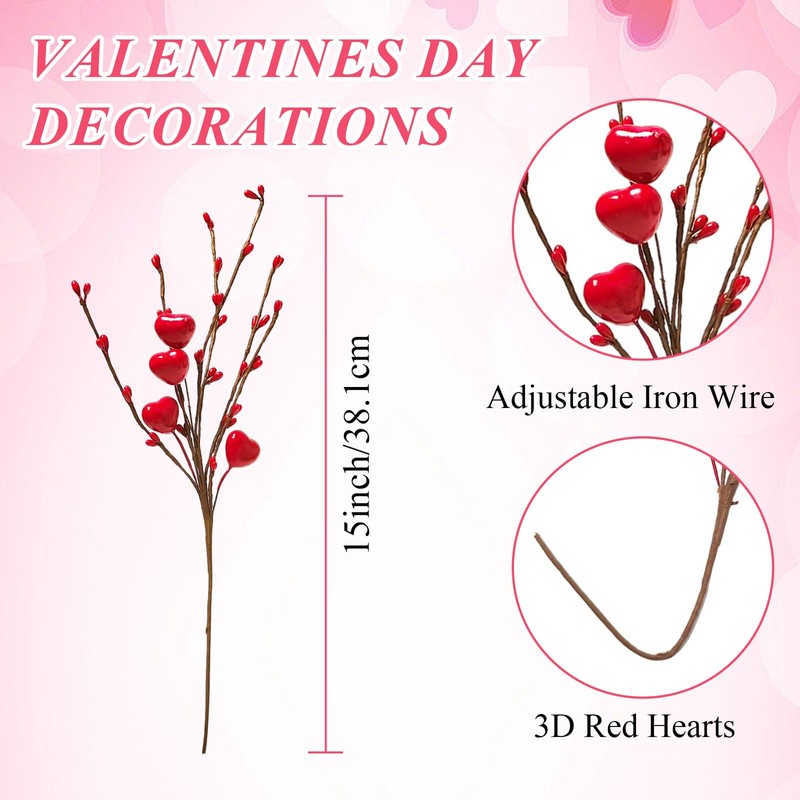 12PCS Valentines Day Decorations Flowers Artificial Berry Floral,Red Valentine Heart