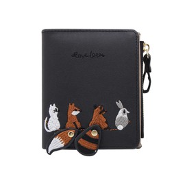 WisePoint Womens Wallet, Leather Purse Credit Card Holder with with Embroidered Animal Pattern, Portable and Small Wallets for Women with Zipper Pocket (black)