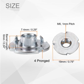 HARFINGTON M6x6mm T-Nuts 4 Pronged Tee Nut 0.75" x 0.24" Fully Thread Carbon Steel Inserts for Wood, Rock Climbing Holds, Cabinetry, Furniture 50pcs