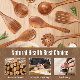 MULBOM 7 PCS Wooden Spoons for Cooking Natural Teak Kitchen Utensils Smooth Non-Stick Surface Cooking Utensils Set Soft Comfort-Grip Wooden Utensils for Cooking