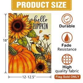 Dyrenson Fall Hello Pumpkin Sunflower Decorative Garden Flag, Autumn Flower Bird Maple Leaves Yard Outside Home Decoration, Thanksgiving Floral Burlap Outdoor Small Decor Double Sided 12 x 18