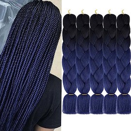 Ombre Braiding Hair Synthetic Navy Blue Braiding Hair Extensions Afro Crochet Hair 2 Tones 5pcs (#B20 Black to Dark Blue)
