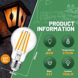 Genixgreen A60 Dimmable LED Lamp 9W Retro LED Light, Equivalent to 90 Watt E27 Base Retro, Warm White 2700K Edison Lamp Nostalgic for Home Lighting or Commercial Lighting 2p