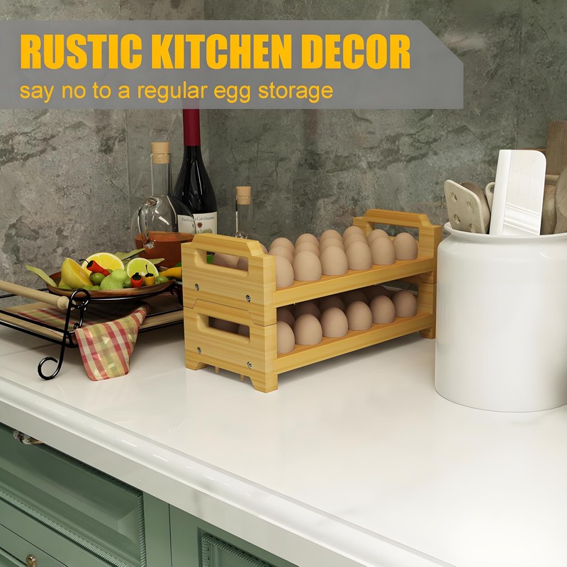 Bamboo Egg Holder & Storage - Stackable Large Capacity Organizer,