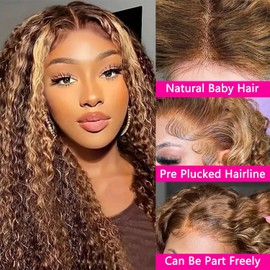 5X5 HD Lace Closure Wigs Human Hair Deep Wave Lace Front Wigs Human Hair Ombre Honey Blond Glueless Wigs Human Hair Pre Cut Wear and Go Glueless Lace Closure Wig for Women P4/27 Color 18 Inch