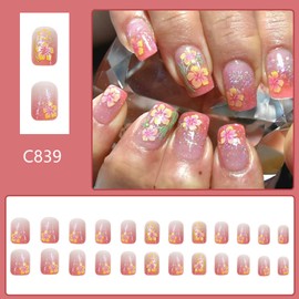 Spring Summer Flower Press on Nails Short Square Fake Nails Glitter Gradient Glue on Nails Glossy Acrylic Stick on Nails for Women