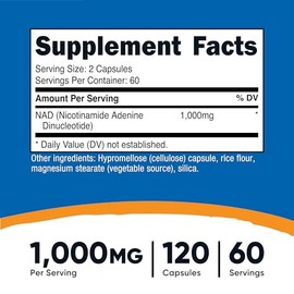 Nutricost Suplemento NAD+ 1,000 mg por porción, 120 cápsulas (dinucleótido de nicotinamida y adenina) - 60 porciones, sin gluten, vegano | Dinucleótid