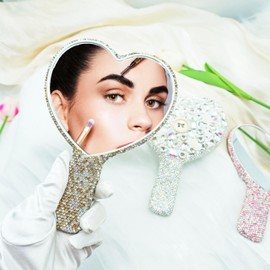 Frinnovan Rhinestone Large Rhinestone Handheld Mirror Heart Bling Sparkle Cosmetic Dazzling Portable Hand Mirrors with Handle for Women Wedding Party