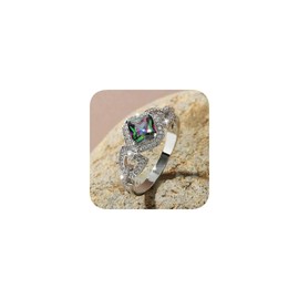 Classic Style 925 Silver Plated Emerald Cut Women Cocktail Wedding Jewelry 18K White Gold Mystic Topaz Fire Rainbow Rings Engagement Ring Solitaire Engagement Ring 9#