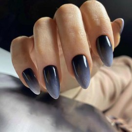 Medium Press on Nails Almond SWEKKE French Fake Nails Blue Gradient Full Cover Black False Nails with Nail Glue Glossy Glue on Nails Acrylic Manicure Artificial Nails for Women Girls 24Pcs