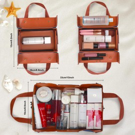 Travel Cosmetic Bag, Women's Large Capacity Foldable Cosmetic Bag, Portable Hand-Held PU Toiletry Bag with Mesh Pocket and Handle, Open Flat Design for Easy Access, Gym/Travel Waterproof Storage Bag