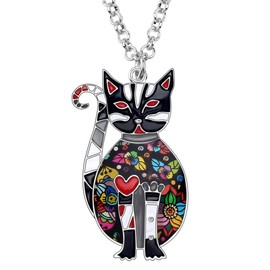 NEWEI Enamel Sitting Kitten Cat Necklace Pendant Floral Cat Jewelry Gifts for Women Girls (Black)