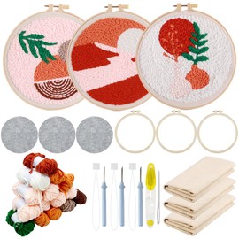 Allazone 3 Set Punch Needle Embroidery Kits, Punch Needle Kits for Adults Beginner with Color Pattern, Instruction, Plastic Hoop, Yarn and Embroidery Handle Needle Pen