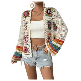GORGLITTER Women's Floral Colorful Crochet Kimono Cardigan Hollow Out Long Sleeve Cover Ups, Beige, Small