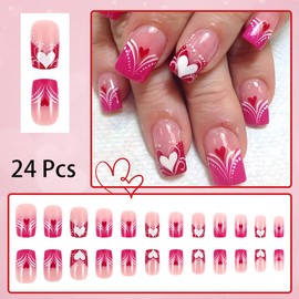 FDSQHSA 24 Pcs Valentine's Day Press on Nails Short Square Heart Fake Nails Love Heart French Tip False Nails Pink Artificial Nails Stick on Nails Valentines Acrylic Press on Nails for Women Girl Nail Design