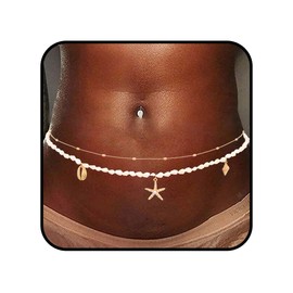 Flimire Seashell Waist Chain Boho Layered Starfish Body Chains Summer Pearl Chain Belt Beach Bead Bikini Belly Chain Jewelry for Women (Style 3)